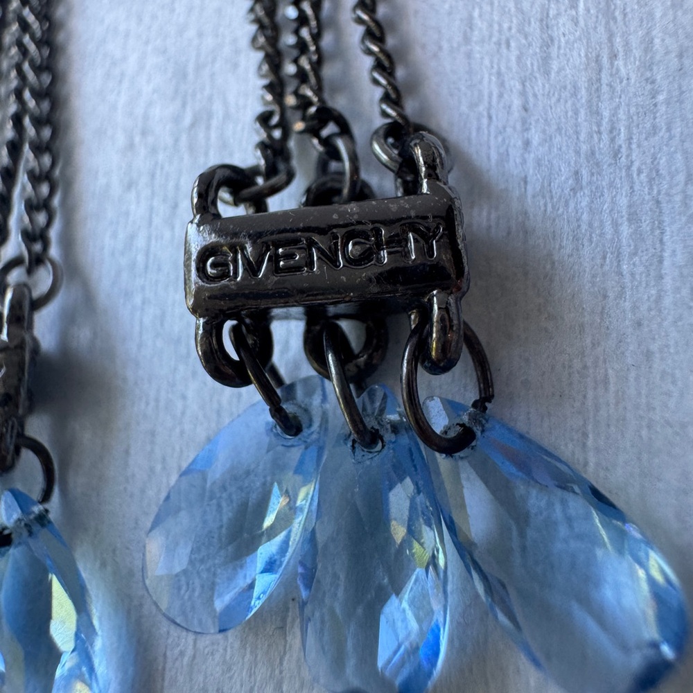 GIVENCHY Signed Blue Crystal Dangle Chain Stud Earrings - Picture 7 of 9